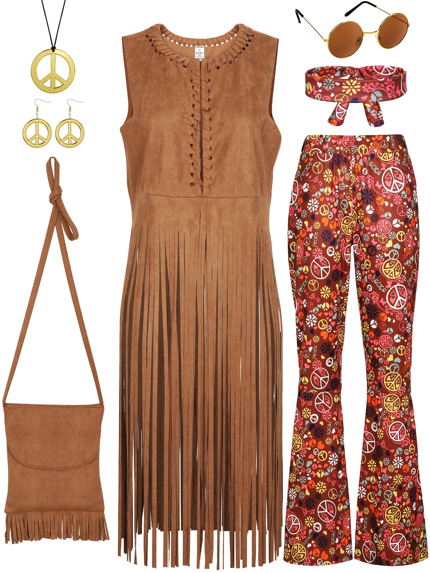 COSWEARX 7 Pieces 70s Women Hippie Costume Fringe Vest Bag Pant Headband for Halloween