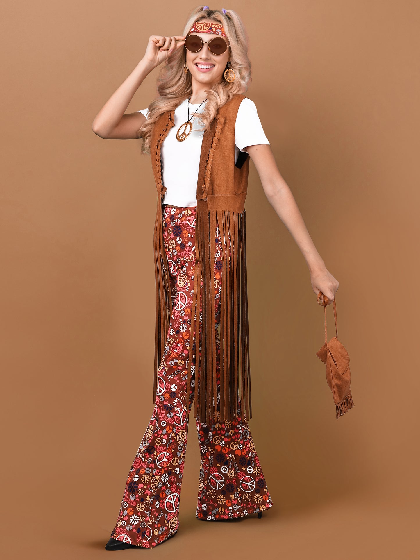 COSWEARX 7 Pieces 70s Women Hippie Costume Fringe Vest Bag Pant Headband for Halloween